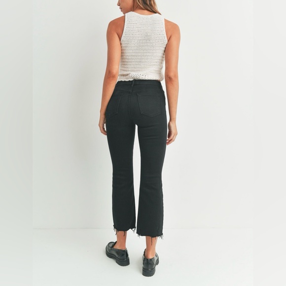 🟠NWT JUST BLACK (JBD) High Rise Cropped Flare Jeans w/Distressed Hem in Black - Picture 6 of 13